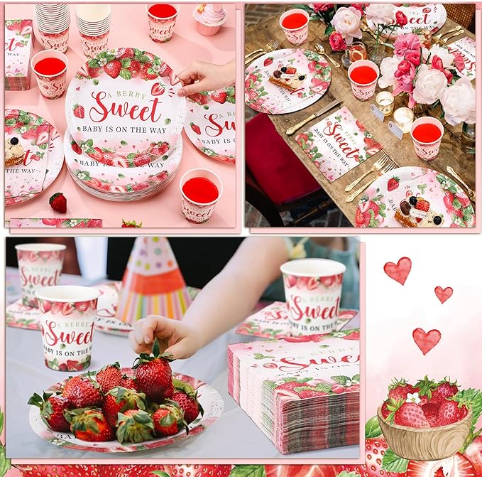 Hushee 200 Pcs Strawberry Baby Shower Paper Plates Napkins Cups Baby Shower Party Supplies Tableware Set a Berry Sweet Baby Is on the Way Disposable Plates for 50 Guest Girls Spring Summer Party