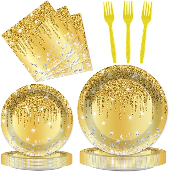 96 PCS Golden Birthday Party Decorations Tableware Set for Golden Themed Happy Birthday Supplies Diamond Gold Plates Napkins Forks for 24 Guests Men Women Anniversary Engagement Wedding Party Favors