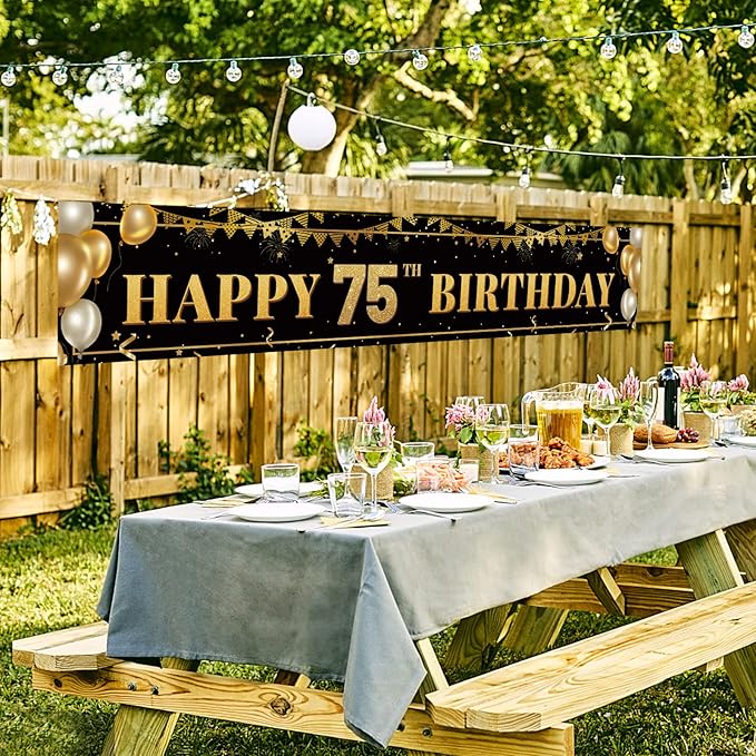 Large Happy 75th Birthday Decoration Banner, Black and Gold Happy 75th Birthday Banner Sign, 75th Birthday Party Decorations Supplies(9.8x1.6ft)