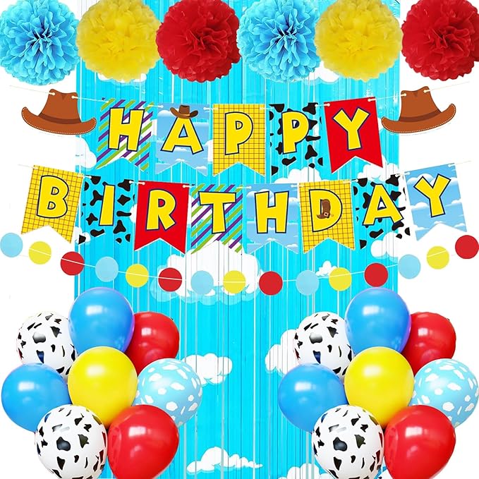 Cartoon Story Birthday Party Supplies Decorations, Include Banner, Balloons, Foil Fringe Curtains, Paper Garland Pull Flower, Tissue Paper Pom Poms