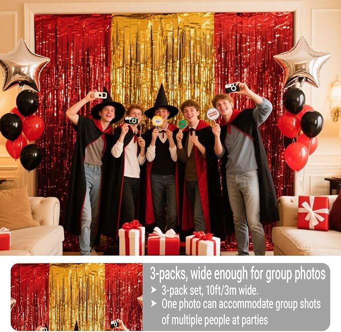 3 Packs Red Gold Foil Fringe Curtains Extra Wide 9.9ft for Birthday Party Tinsel Backdrop Movie Night Decor Farewell Party Streamer,Retirement Decorations, Backdrop for Graduations Each 3.3 x 6.5 ft
