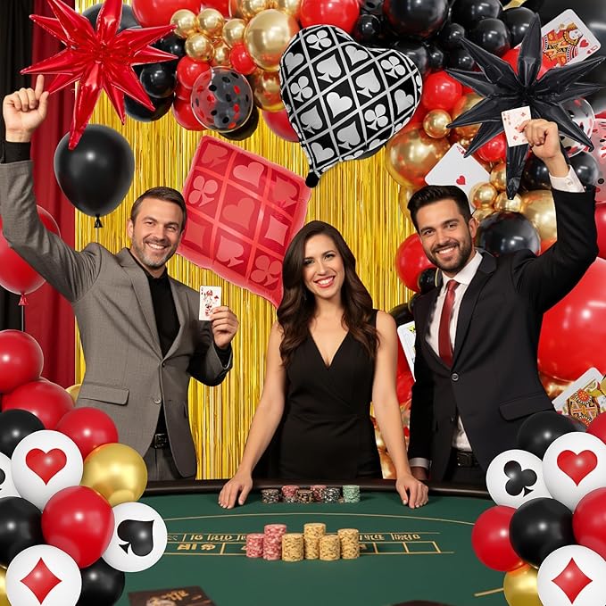 Ouddy Life 103Pcs Casino Theme Party Decorations, Red and Black Happy Birthday Banner Star Heart Poker Foil Balloons Fringe Curtain Paper Tassel Cake Topper for Las Vegas Game Night Party Decorations