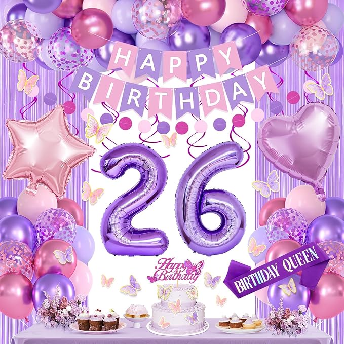 26th Purple Birthday Decorations for Women, Pink and Purple Happy 26 Birthday Party Decorations with Happy Birthday Banner, Number Foil Balloons, Butterfly Cake Topper for 26th Party Supplies