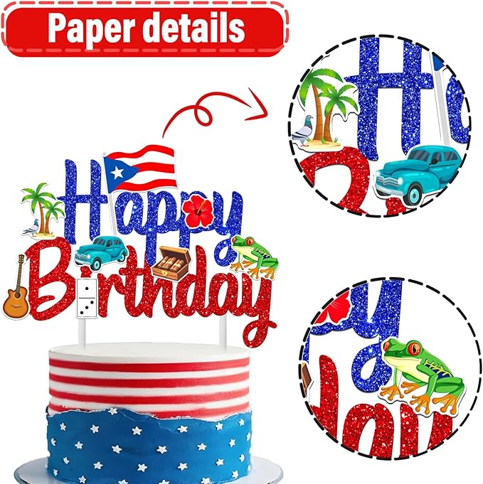 Puerto Rico Cake Topper Glitter Puerto Rican Theme Birthday Party Decoration Puerto Rican Cake Decorations Frog Cigar Vintage Car Cake Picks for National Day Patriotic Festival Supplies
