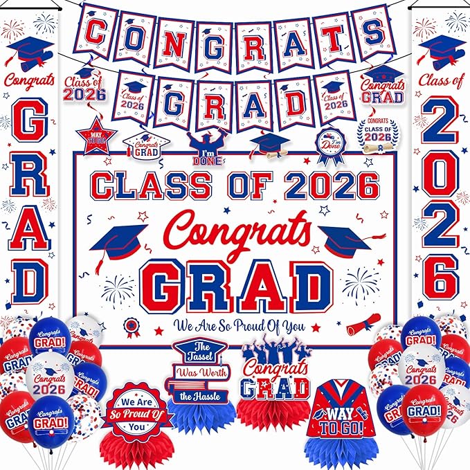 Graduation Decorations Class of 2026 White Blue and Red Graduation Party Decor Set include Congrats Grad Banner Backdrop Class of 2026 Balloons Party Supplies