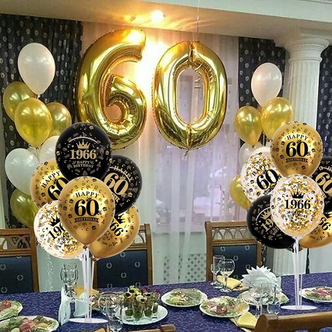 TONIFUL 4 Set 60th Birthday Decorations 1966 Balloon Centerpiece for Table,Black Gold Balloon Stand Kit,Perfect for celebrating born in 1966,Cheers to 60 Years Birthday for Men and Women