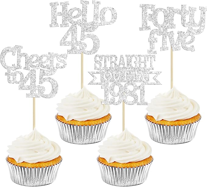 Ephlyn 24Pcs 45th Birthday Cupcake Toppers Glitter Straight Outta 1981 Cupcake Picks Hello 45 Cheers to 45 Years Cake Decorations for 45th Birthday Anniversary Party Decorations Supplies Silver
