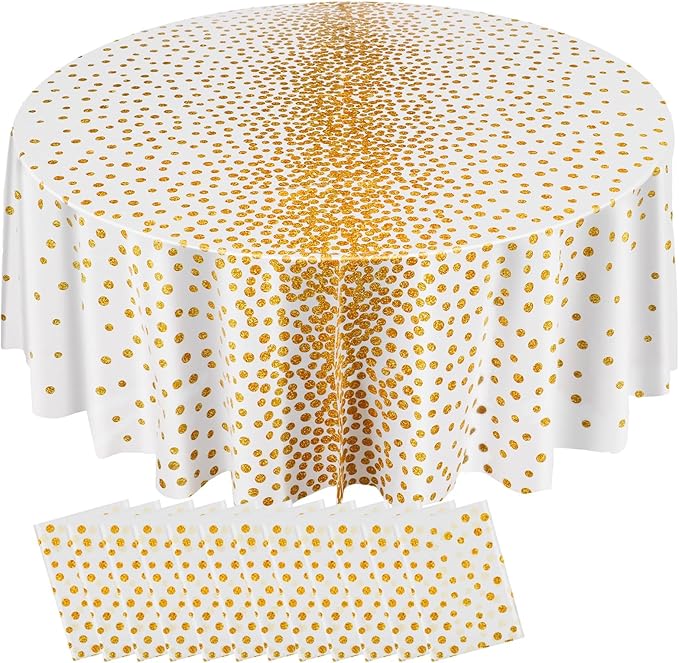 VitalCozy Round Dot Tablecloth 84 Inch Plastic Table Cover Polka Dot Confetti Tablecloths for Easter 2026 Graduation Prom Wedding Birthday Spring Party Supplies(White and Gold,12 Pcs)