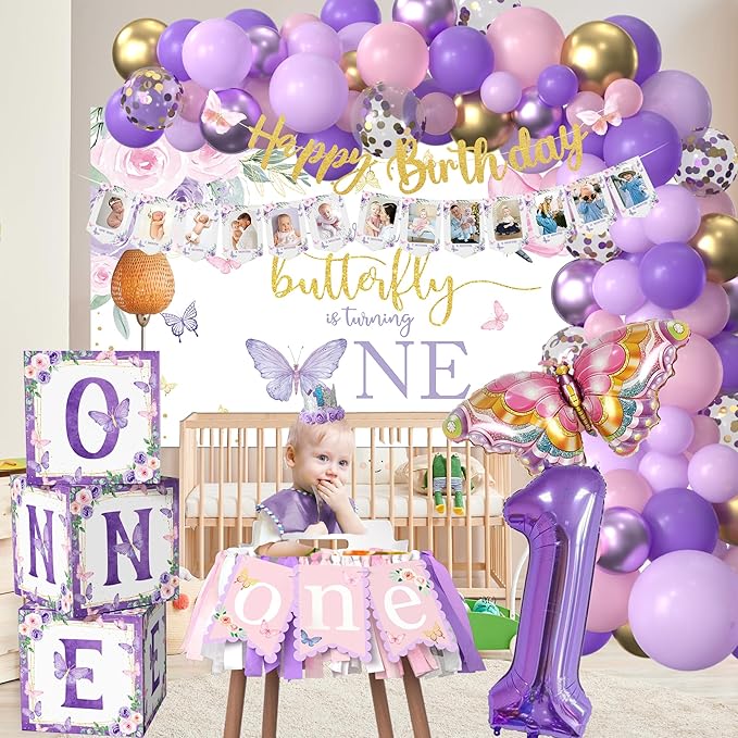 Xigejob Butterfly First Birthday Decorations Girl - Butterfly 1st Birthday Party Supplies, Include Balloon Arch, Backdrop, Balloon Box, Highchair Banner, Hat, Photo Banner