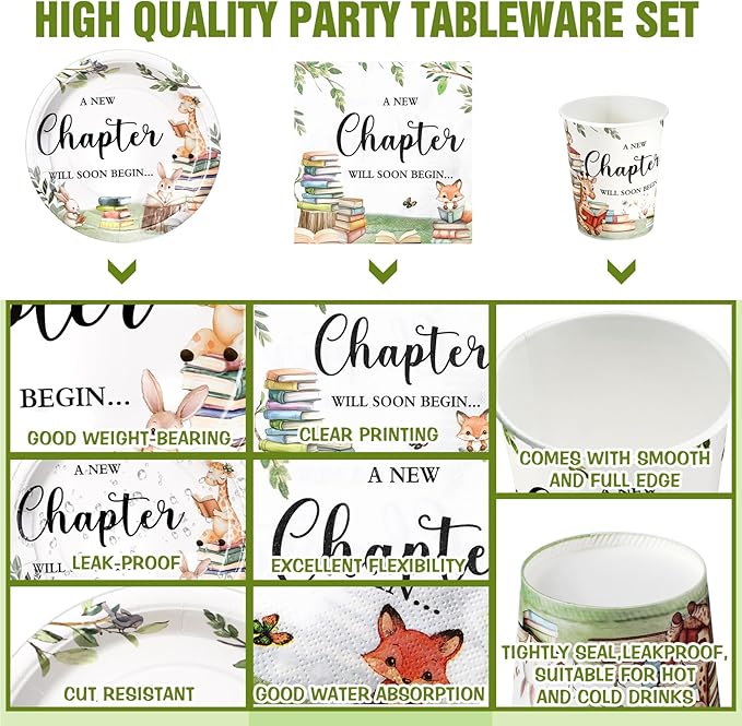 Hushee 200 Pcs Storybook Baby Shower Decorations Supplies A New Chapter Will Soon Begin Book Baby Shower Paper Plates Napkins Cups Library Reading Book Club Tableware Set for 50 Guest