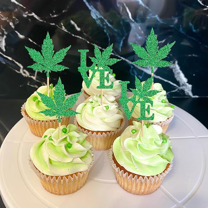 Ercadio 24 Pcs Green Glitter Marijuana Cupcake Topper Have a Dope Love Theme Decor Supplies Man Woman Happy Birthday Party Decorations Supplies