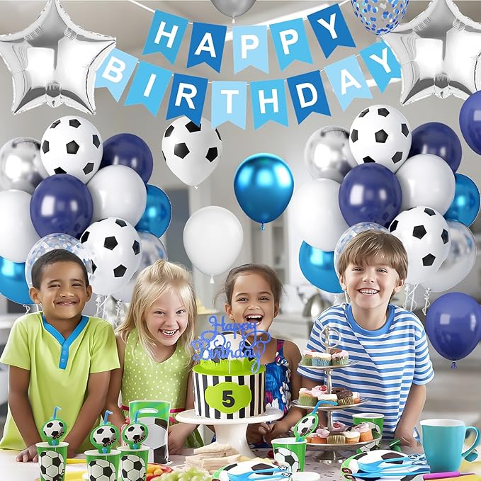 Soccer Birthday Party Decorations for Boys, Soccer Party Decorations with Blue White Balloons Happy Birthday Banner Cake Toppers 18in Foil Balloon for Boys Men Sport Theme Party Decor