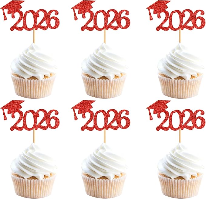 24 Pcs graduation cupcake toppers 2026, Food/Appetizer Picks For Graduation Party Mini Cake Decorations, 2026 Cupcake Toppers(Red)