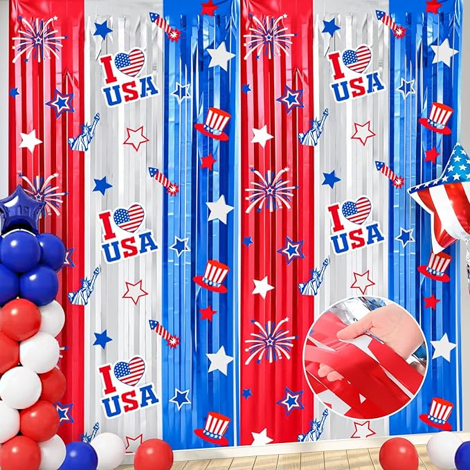 Red White Blue Decorations 2 Pack 3.3 x 6.6 Ft Red White Blue Tinsel Foil Fringe Curtains America Star Firework Streamer Backdrop Photo Prop for Patriotic Independence Memorial Labor Day