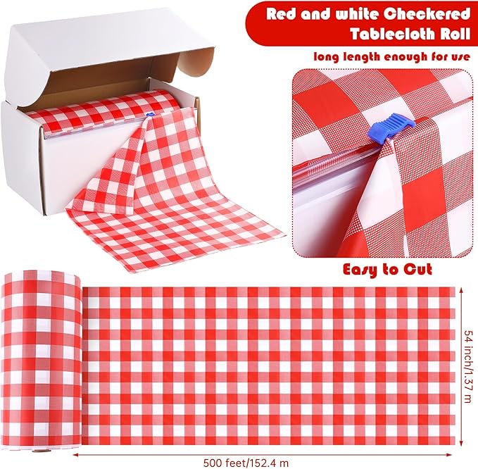 Kochorie 100 Ft x 54 Inch Crawfish Party Tablecloth Roll with Cutter Box Waterproof Plastic Lobster Table Cover (Red Checkered, 500 Ft x 54 Inch)