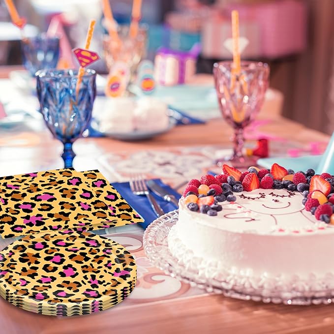 40 PCS Pink Cheetah Print Birthday Decorations Disposable Safari Animal Leopard Theme Tableware Set includes Cheetah Plates and Napkins for Leopard Wild Theme Party Supplies Serves 20 Guests