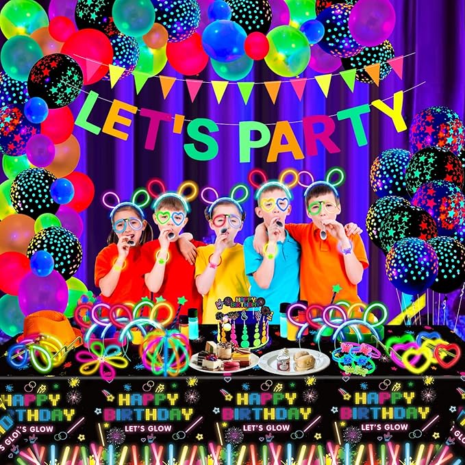 255 PCS Glow Neon Party Supplies Glow Sticks Party Decorations Black Light Reactive Decor Set - Fluorescent Banner, Glows in The Dark Balloons, Neon Tablecloths, Cake Toppers, Light Up Sticks, Glasses