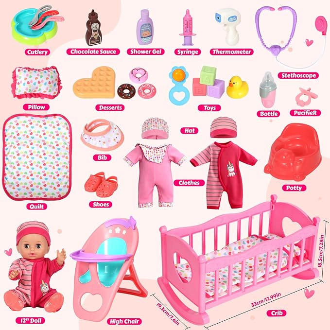 12'' Baby Doll Set with Crib and High Chair, 32 PCS Interactive Baby Doll Make 12 Sounds with Baby Doll Accessories, Doll Playset Toddler Girl Toys Birthday Gifts for 3 4 5 Years Old