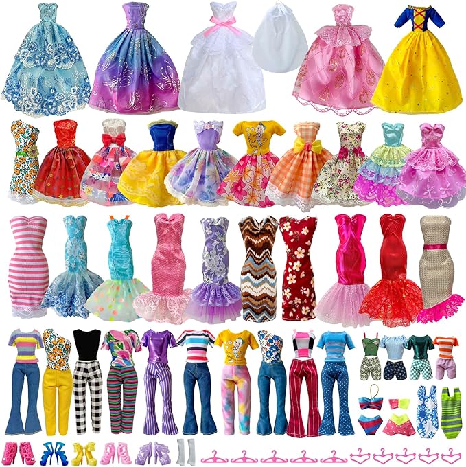 35 Pieces Doll Clothes and Accessories for 11.5 Inch Girl Dolls, Random 2 Wedding Dresses, 3 Fashionable Dresses, 3 Evening Dresses, 4 Tops, 4 Pants, 2 Swimwear, 5 Shoes, 10 Hangers, Necklace, Veil