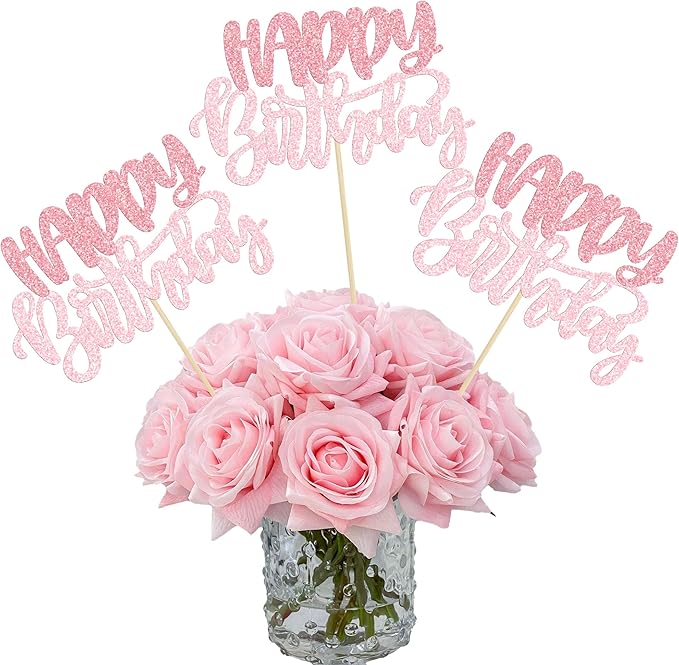 Gyufise 12Pcs Happy Birthday Centerpieces Sticks Double Sided Glitter Birthday Party Decorations Anniversary Table Flower Centerpiece for Celebrating Party Supplies Pink Light Pink