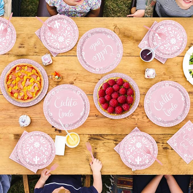 96Pcs Pink Cielito Lindo Party Decorations Mexican Fiesta Baby Shower Plates and Napkins Set Mexico Talavera Decorations for Girls Cinco De Mayo Baby Shower Birthday Party Supplies Serves 24