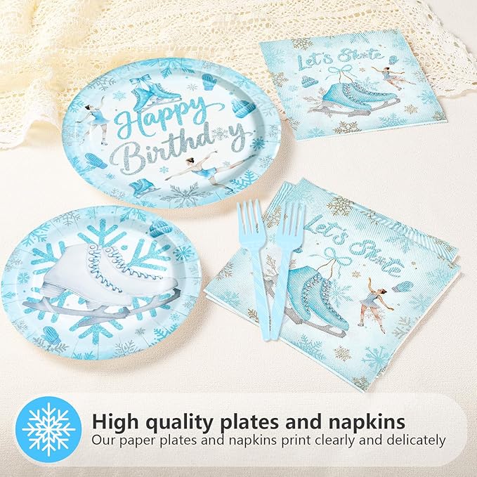 96Pcs Ice Skating Birthday Party Decorations Blue Ice Skating Snowflake Plates and Napkins Sets Winter Wonderland Ice Skating Party Decorations for Girls Baby Shower Skate Theme Supplies Serves 24 ﻿