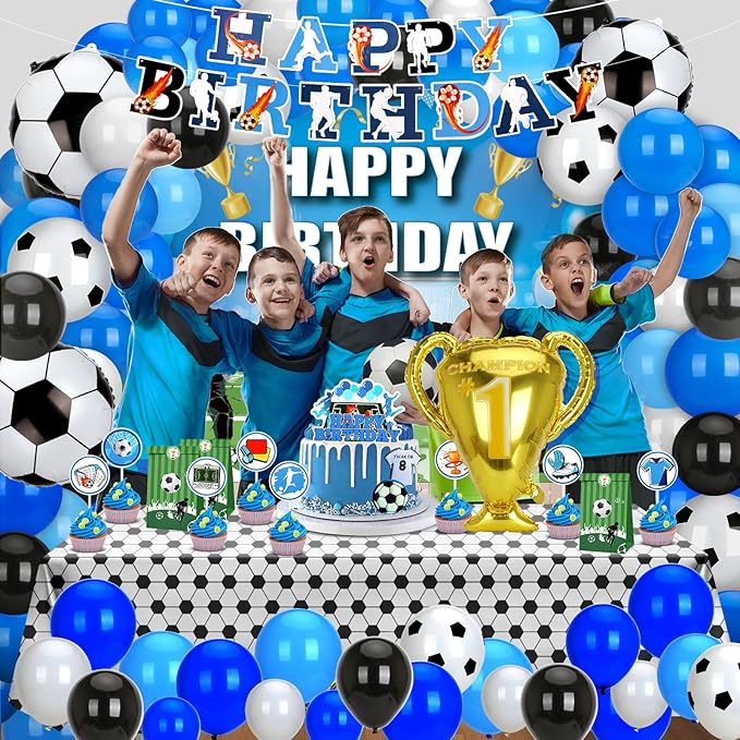 Soccer Birthday Party Decorations, 131PCS Blue Soccer Birthday Party Supplies Including Tablecloth Backdrop Banner Cake Topper Latex Balloons Foil Balloons Decorations Kit for Sport Ball Theme