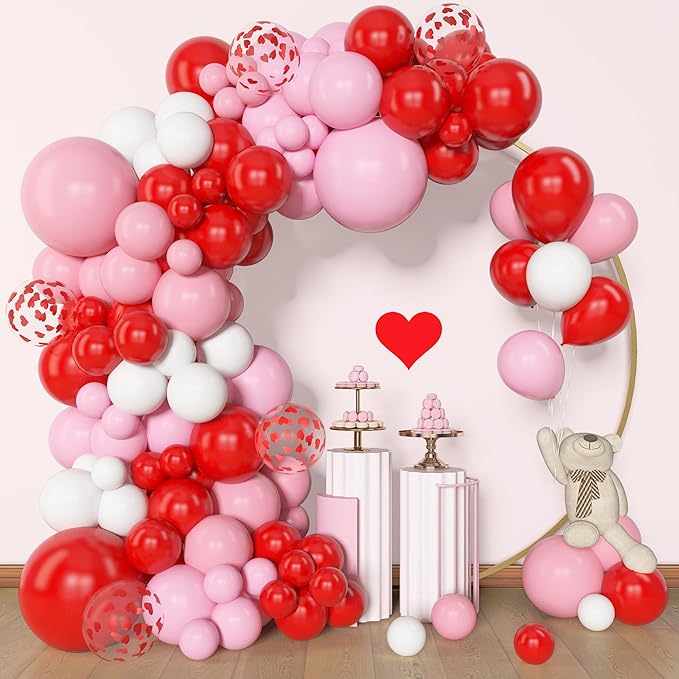 Amandir 153pcs Red Pink Balloon Arch Garland Kit, Different Sizes 18 12 10 5inch Red Pink White Latex Heart Confetti Valentines Balloons for Birthday Proposal Wedding Galentines Day Party Decorations