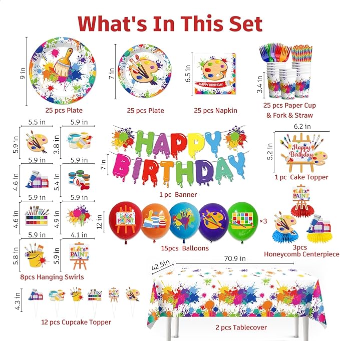 200pcs Paint Party Decorations for Kids and Art Lovers, Convenient Disposable Paper Tableware Set Includes 300gsm Plates and 2 PE Plastic Tablecloths for Paint Party and Celebration