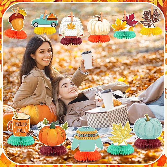 12 Pcs Thanksgiving Party Decoration Thanksgiving Fall Honeycomb Centerpieces Pumpkin Maple Leave Autumn Table Decoration 3D Double Side Truck Sweater Home Table Topper for Office Party Favor Supplies