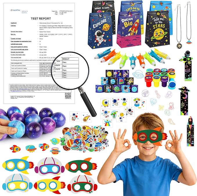Space Party Favors, Birthday & Party Decorations - 254 PCS Outer Space Goodie Bag Stuffers Fillers for Kids with Astronaut Toys, Stickers, Stress Balls, Masks and Necklaces
