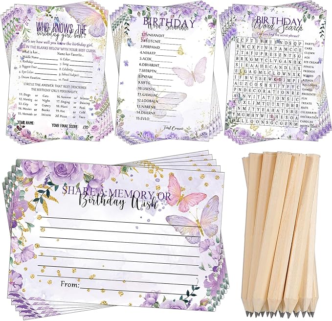 Fumete 100 Pcs Who Knows The Birthday Girl Best Cards with 20 Pre Pointed Pencils Set for 20 Guests, Girls Birthday Night Game Ideas, Girls Her Sleepover Party Supplies, 4 Activities(Butterfly)