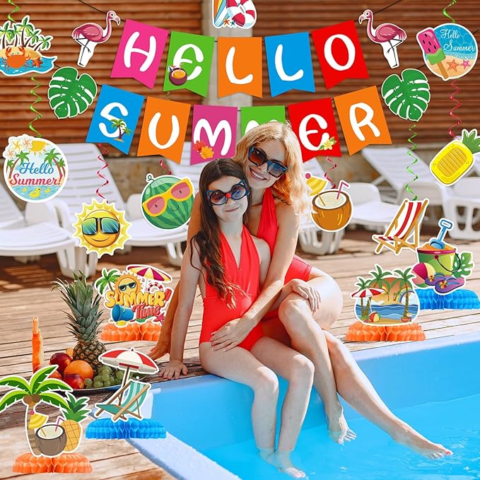 Summer Party Decorations, Hello Summer Banner Hanging Swirls and Honeycomb Centerpieces Beach Pool Party Decorations, Summer Pool Holiday Birthday Party Supplies