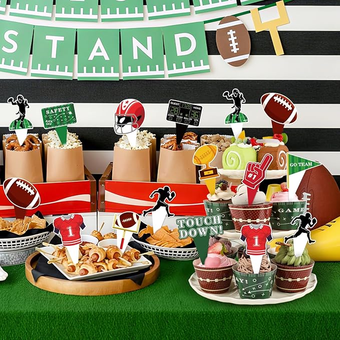 48 Pack Football Cupcake Toppers and Wrappers, Football Rugby Go Team Cake Decoration for Football Theme Birthday Party Sports Game Day Party Supplies