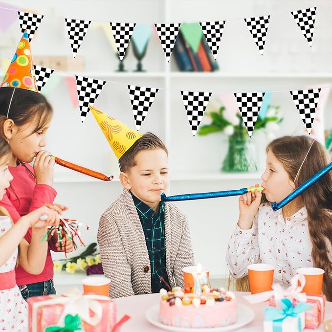 HOOSUN Checkered Flag Banner Race Cars Birthday Decorations,98 Ft 48 Pcs Checkered Flag Party Supplies,Racing Flags Decorations,Black and White Race Car Flag Pennant Banner for Nascar Cars Theme Party