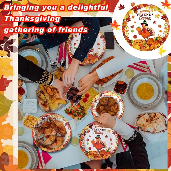 168 Pcs Thanksgiving Party Supplies Disoposable Friendsgiving Tableware Set Turkey Paper Plates and Pumpkin Leaf Cups and Napkins for Fall Thanksgiving Friendsgiving Party Decorations