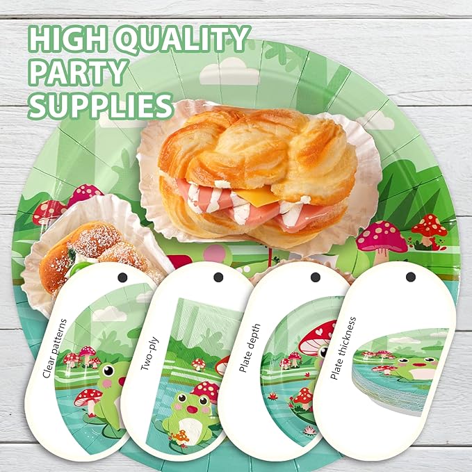 96Pcs Frog Party Supplies Frog Birthday Plates and Napkins Green Animals Tableware Set for Kids Boy Girl Fairy Tale Prince Theme Frogs Birthday Baby Shower Party Supplies，Serves 24