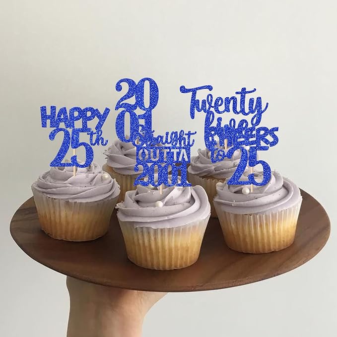 30 PCS 25th Birthday Cupcake Toppers Glitter Twenty Five Happy 25 Straight Outta 2001 Cupcake Picks for Cheers to 25 Fabulous 25th Birthday Anniversary Party Cake Decorations Supplier Blue