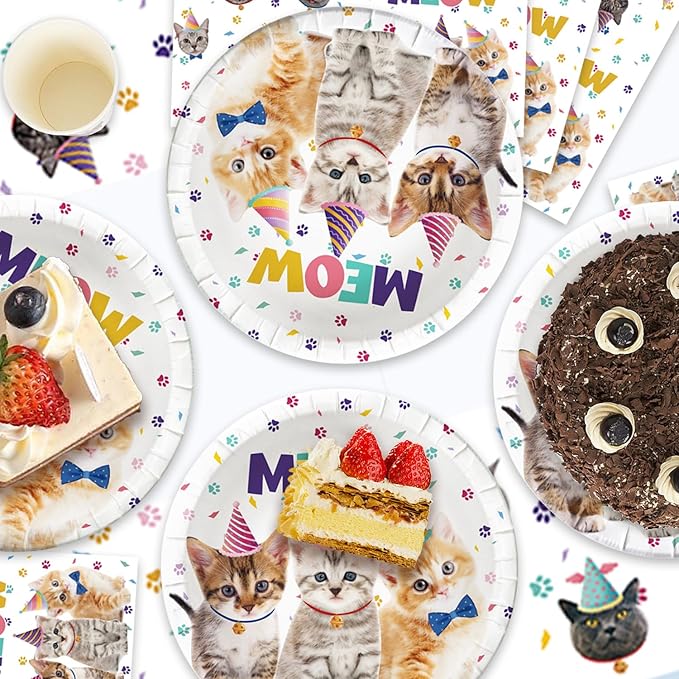 41pcs Cat Party Supplies,Pet Cat Birthday Party set Include dessert plate,Napkin and Tablecloth,Used for Cat Birthday Party Decoration