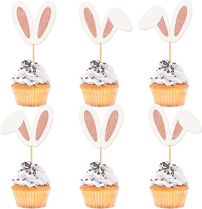 Ercadio 24Pcs Easter Bunny Ear Cupcake Toppers Glitter Rose Gold Rabbit Ears Cupcake Picks Easter Bunny Cupcake Toppers for Rabbit Kids Birthday Baby Shower Easter Wedding Anniversary Party Supplies