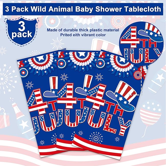 3-Pack Independence Day Party Tablecloths - 4th of July Festival Decorations - Disposable Table Covers - 54x108 Inches