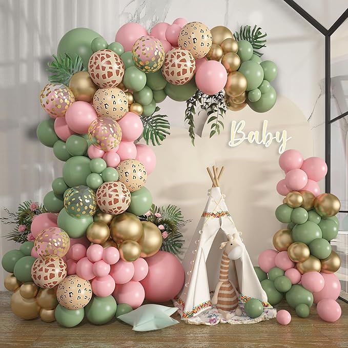 Amandir 170Pcs Jungle Safari Balloons Garland Arch Kit Animal Printed Pink Sage Green Balloons Wild One Giraffe Leopard Safari Baby Shower Decorations for Girl Birthday Party Supplies