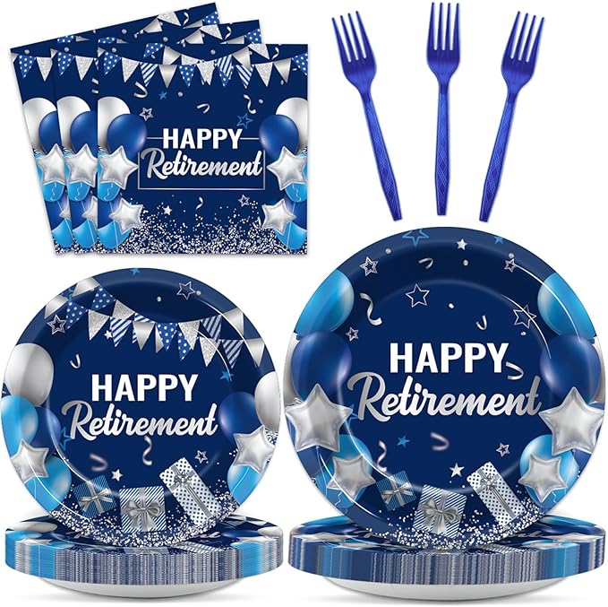 gisgfim 96 Pcs Retirement Plates and Napkins Party Supplies Paper Happy Retirement Party Tableware Set Blue Silver Decorations Favors for Men Women for 24 Guests