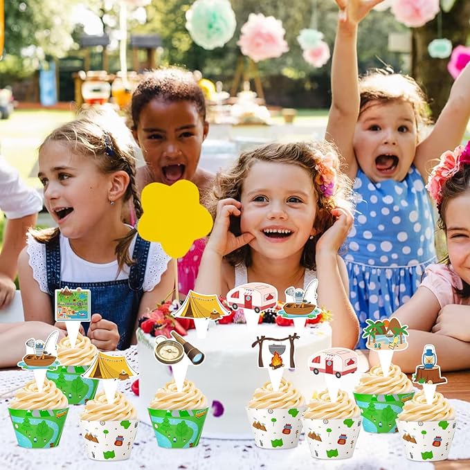 48 Pack Camping Cupcake Toppers and Wrappers, Woodland Adventure Party Cake Decoration for Camping Theme Birthday Party Baby Shower Supplies