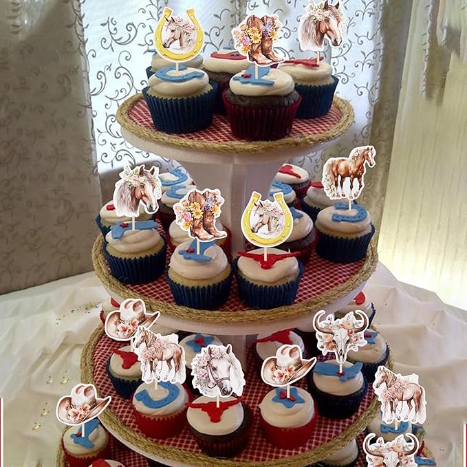 ZHUOWEISM 40 PCS Horse Cupcake Toppers - Western Cowgirl Cupcake Picks - Floral Horseshoe Hat Boots - Cake Decorations for Horse Theme Parties, Baby Showers, Girls Birthday Parties - Pattern A8