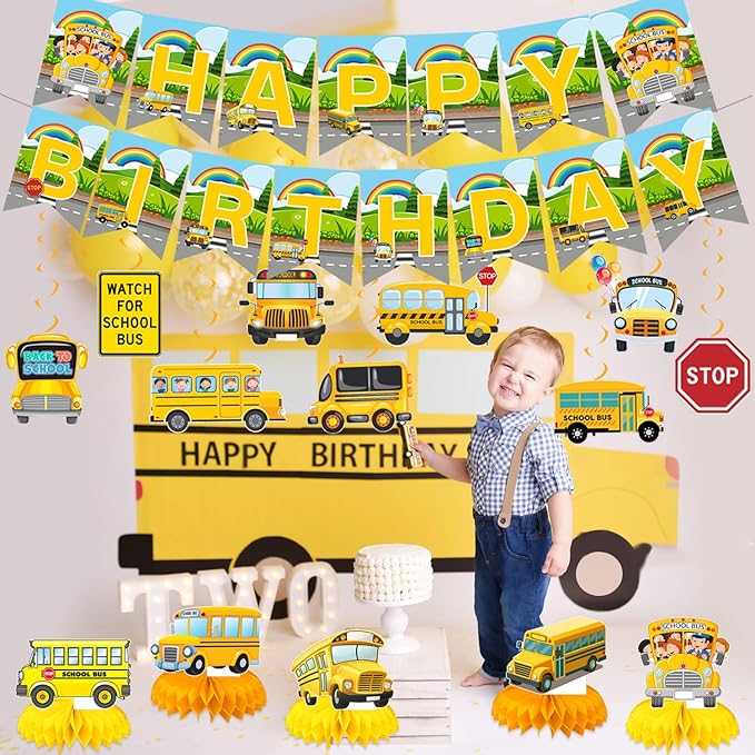 Wheels On The Bus Party Decorations Yellow School Bus Birthday Party Decor Supplies Includes Happy Birthday Banner Hanging Swirls Cute Back to School Honeycomb Centerpiece