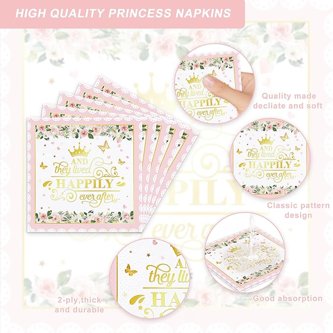 120PCS Princess Party Supplies for Girls Kids Baby Shower 1st Birthday Fairytale Castle Themed Party Decorations Once Upon A Time Tableware Set Plates Napkins Cups Set for 20 Guests