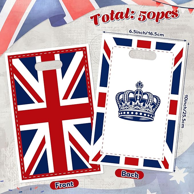 50Pcs British Flag England Party Favor Bag - UK Britain Crown Plastic Waterproof Goodie Bags United Kingdom Rectangular Gift Pack for Kids Family House Party Birthday Decoration Supplies