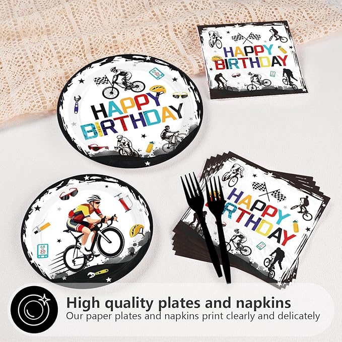 96Pcs Bicycle Birthday Party Decorations Mountain Bike Road Birthday Plates and Napkins Sets Sports Bicycle Racing Decorations for Boys Teens Adults Sports Bike Lover Bday Party Supplies Serves 24