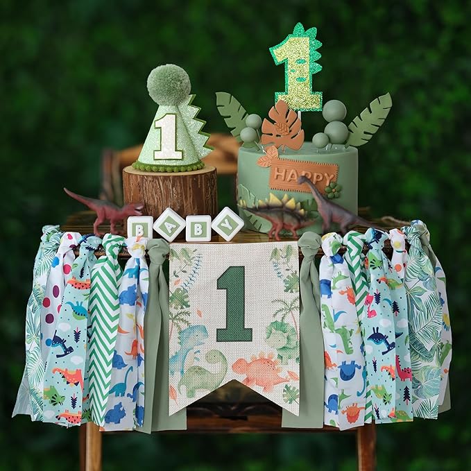 Dinosaur Theme 1st Highchair Banner Tassel Garland Dino Conical Cap Cake Topper Green First Dinosaur Birthday Decorations